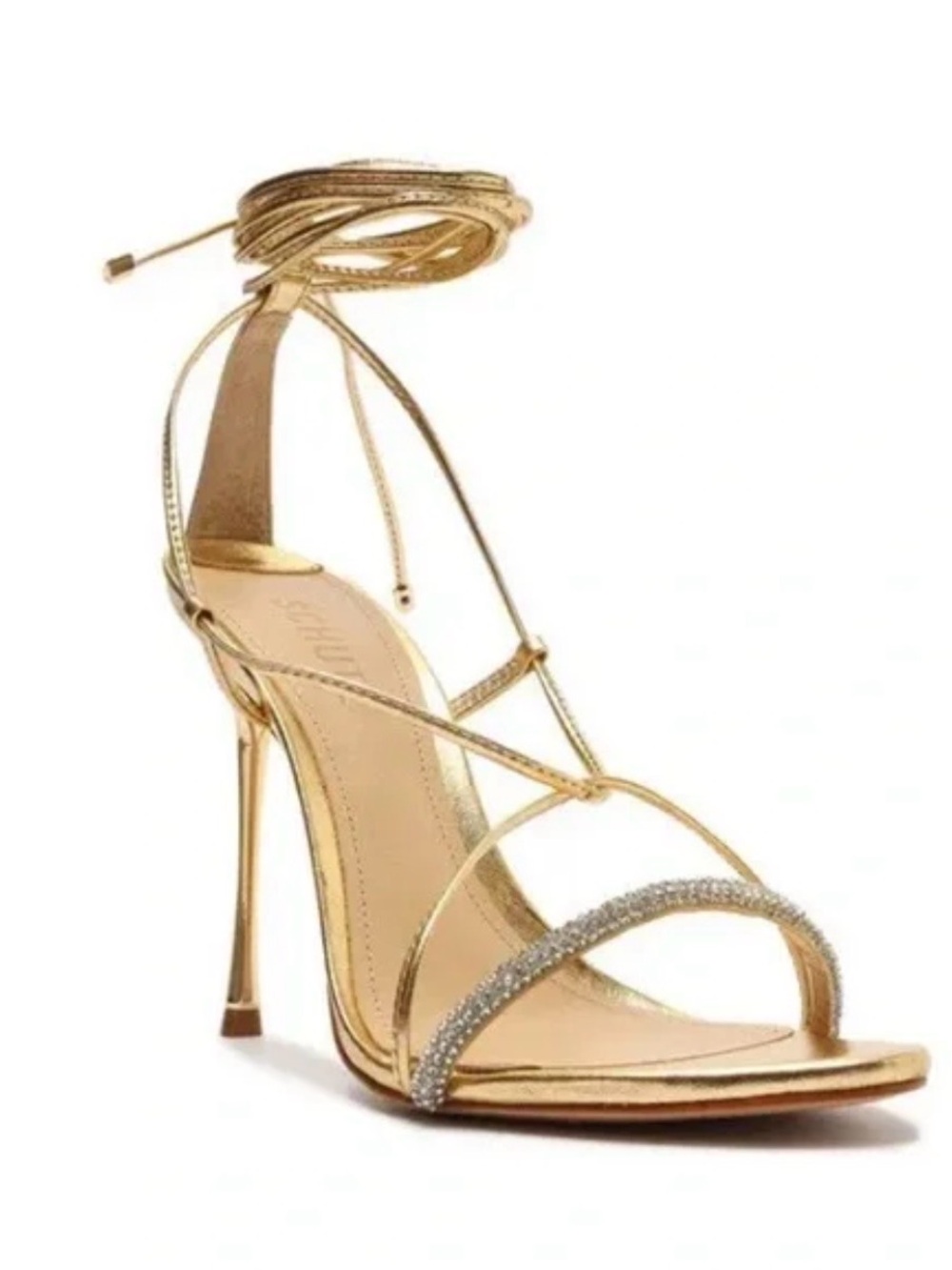 SCHUTZ Gold Adeline Crystal Embellished LaceUp Sandals SZ 9